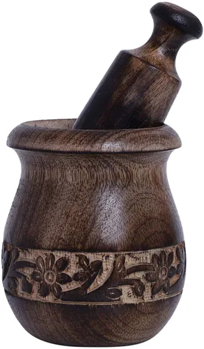 Miniatura 6 de Molinillo de especias de mortero y mortero hecho a mano de madera Okhli para hierbas, guacamole, pesto y especias, juego de mortero y mortero