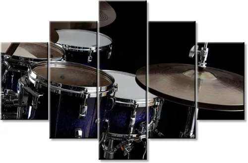 Miniatura 52 de Arte de pared en blanco y negro, kit de batería de jazz morado sobre fondo negro, pinturas de 5 paneles, lienzo, arte de pared para decoración