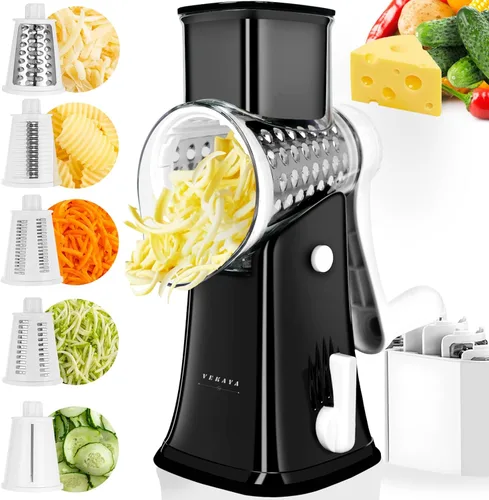 Rallador Rotativo de Queso, Rallador Giratorio 5 en 1, Cuchillas de Acero Inoxidable Reemplazables Rallador de Queso, Cortador de Queso, Rallador de