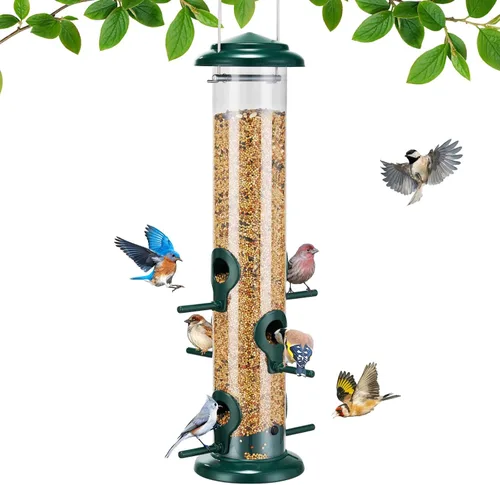 Kingsyard Comederos Metálicos para Pájaros para Exteriores Colgantes, Comedero de Tubo para Pájaros con 6 Puertos de Alimentación, 15 Pulgadas, A