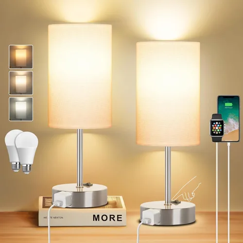 Miniatura 17 de ZJOJO Juego de 2 lámparas de mesa para dormitorio, lámparas pequeñas de noche con interruptor basculante regulable de 3 vías y toma de corriente