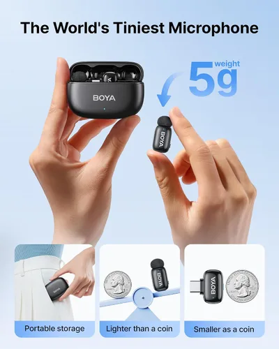 Miniatura 2 de BOYA Mini 2 Micrófono inalámbrico Lavalier para iPhone 15-17/Android, cancelación de ruido, control de aplicaciones, 48 kHz/24 bits, mini micrófono