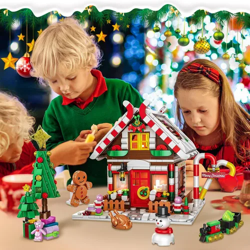 Miniatura 4 de Edificio de casa de pan de jengibre de Navidad, juego de construcción de casa de pueblo navideño, contiene árbol de Navidad y tren, juguete