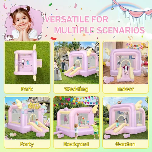 Miniatura 5 de AKEYDIY Casa inflable de rebote para niños, 106'' x 85'' x 80'' Casa de salto Macaron con tobogán, globos, set de atrapar pelotas, saco de boxeo