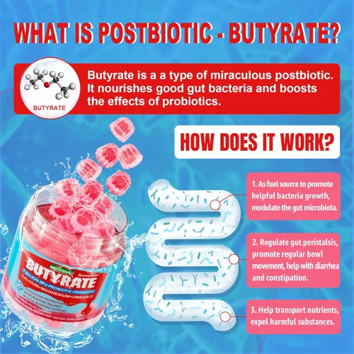 Miniatura 3 de Gomitas de butirato con probiótico + prebiótico + postbiótico, omega-3 500 mg, 9 mil millones de probióticos UFC con fibra, calcio y magnesio