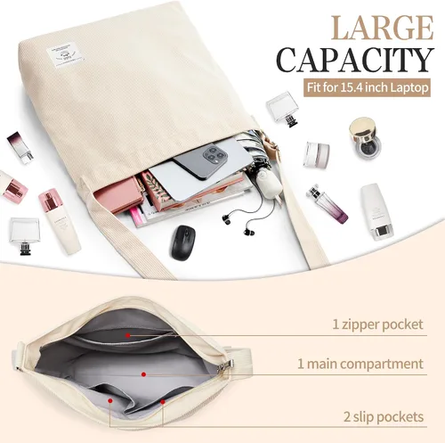Miniatura 3 de KALIDI Bolso de mano de pana para mujer, estilo casual, con cremallera, grande, bandolera, bolso de hombro, bolso de trabajo a la moda para mujer