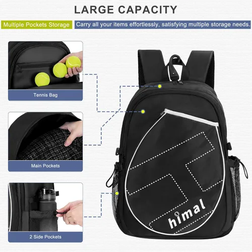 Miniatura 5 de UNIHIMAL Bolsa de Tenis Mochila de Tenis para Hombres y Mujeres, Gran Capacidad Contiene 2 Raquetas con Compartimento Ventilado para Zapatos y Negro
