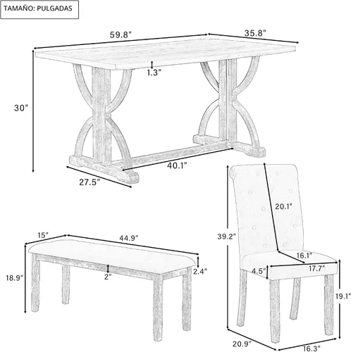 Miniatura 4 de Merax - Juego de 6 mesas de comedor de madera maciza para 6, mesa de cocina rectangular de granja con 5 sillas tapizadas y 1 banco, juego de comedor