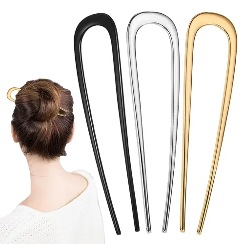 YONOY 3 pinzas de metal para el cabello francés, en forma de U, 2 puntas para moños, horquilla de cabello con torsión francesa, palos para el