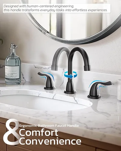 Miniatura 3 de ARCORA - Grifo de baño negro mate de 3 agujeros, grifo de baño extendido de 8 pulgadas, 2 asas, grifo giratorio de 360 grados con drenaje Pon Up
