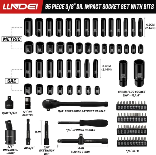 Miniatura 2 de LLNDEI Juego de llaves de impacto de 3/8", SAE estándar (5/16 a 3/4-pulgada) Tamaño métrico (8-22mm), 95 piezas, kit profundo y poco profundo