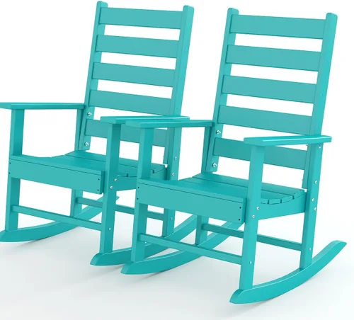 Miniatura 17 de GREENVINES Juego de 2 sillas mecedoras para exteriores Plástico HDPE Mecedoras de patio Silla mecedora de porche Coctelera De gran