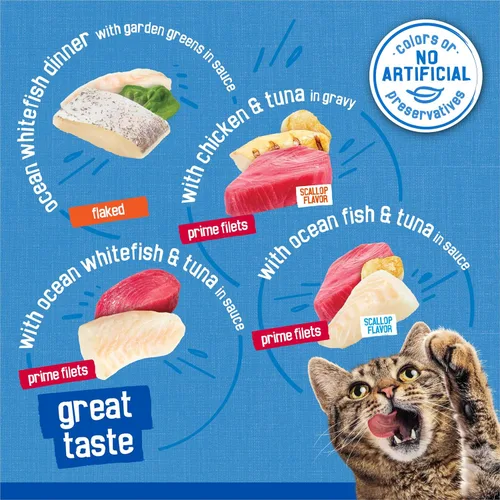 Miniatura 5 de Purina Friskies - Paquete variado de alimentos húmedos para gatos, Oceans of Delight en copos y filetes Prime (paquete de 40), latas de 5.5 onzas