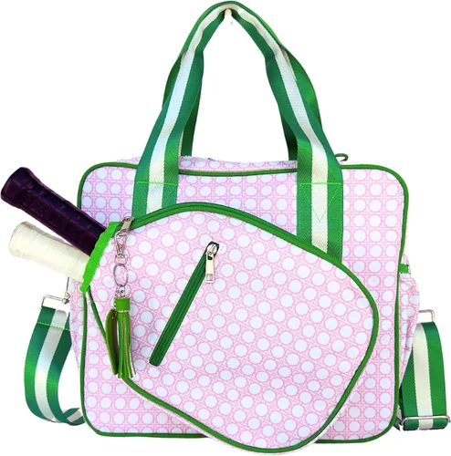 Miniatura 10 de Linda bolsa de pickleball Prepster para mujeres con gancho para cerca, bolso con bolsillos para botella de agua, palas, pelotas, accesorios