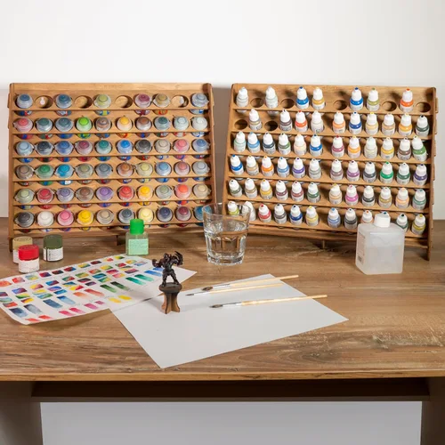 Miniatura 7 de Soporte para pintura de pared, funciona para Warhammer 40K, DnD, otras figuritas, 72 agujeros para botellas de pintura Vallejo, estante de madera