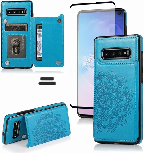 Funda tipo cartera para Galaxy S10 de 6.1 pulgadas con tarjetero, diseño de mandala en relieve de piel sintética con doble cierre magnético, con