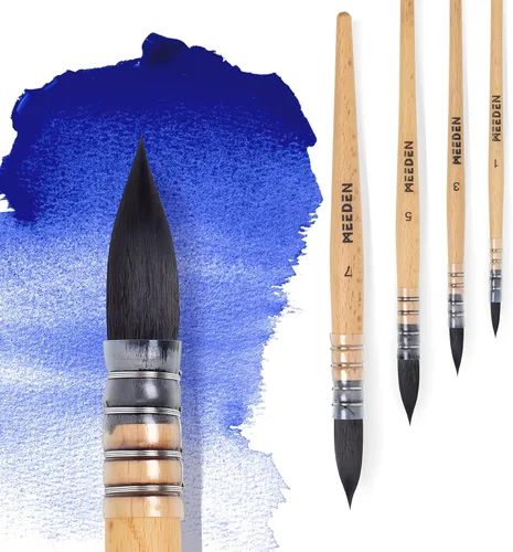 MEEDEN Pinceles de acuarela profesionales – Paquete de 4 pinceles sintéticos de ardilla para artistas con mango de madera de haya, ideal para