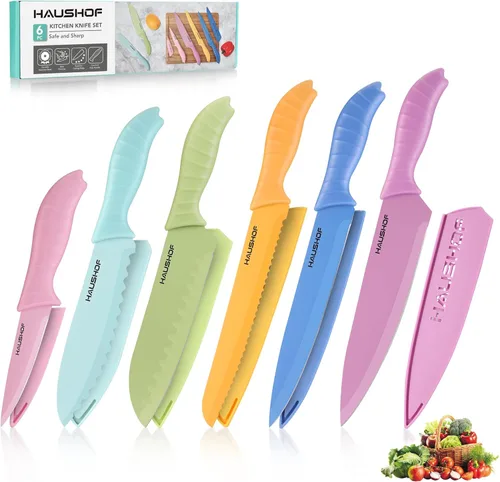 HAUSHOF Juego de cuchillos de cocina, juego de 12 cuchillos coloridos con 6 fundas para cocina, cuchillas de acero inoxidable con revestimiento