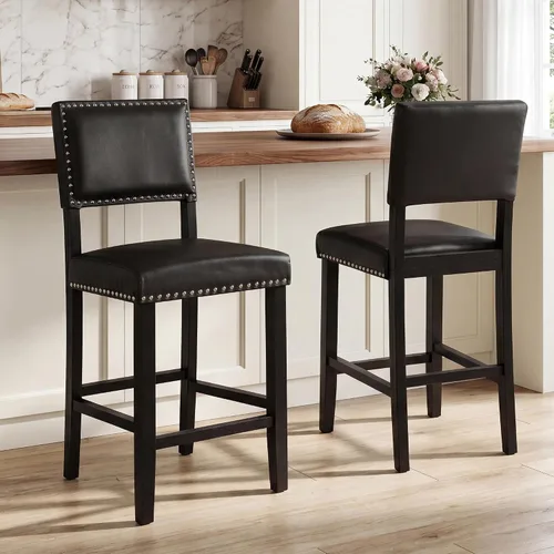 Miniatura 10 de LSSBOUGHT Taburete de bar tapizado de tela de lino con patas de madera de goma, silla de bar con ribete clavado para isla de cocina