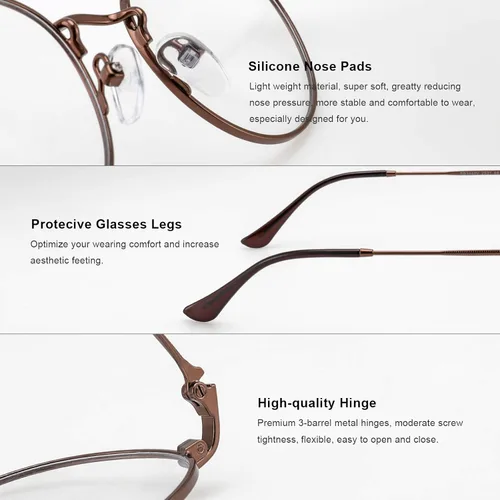 Miniatura 5 de Lentes de lectura redondos de metal pequeños para mujeres y hombres, clásicos, vintage, retro, bloqueo de luz azul, lectores de computadora Marrón