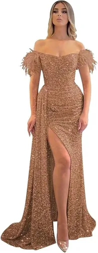 Miniatura 39 de Vestidos de fiesta de lentejuelas con hombros descubiertos, vestido formal de sirena brillante, vestido largo de fiesta de noche con abertura
