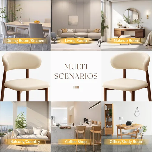 Miniatura 7 de Juego de 4 sillas de comedor y cocina, modernas, tapizadas en cuero estilo granja, con patas de metal, nogal/beige 18 pulgadas Beige/Nogal