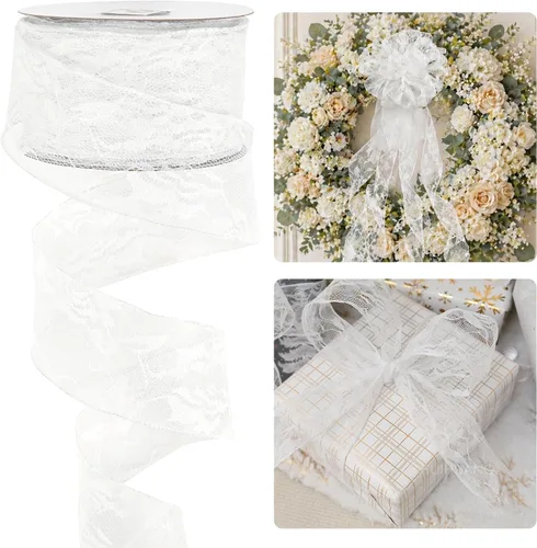 Miniatura 10 de HUIHUANG Cinta de encaje con alambre para árbol de Navidad, 2.5 pulgadas x 25 yardas, cinta de alambre con purpurina dorada para árbol de Navidad