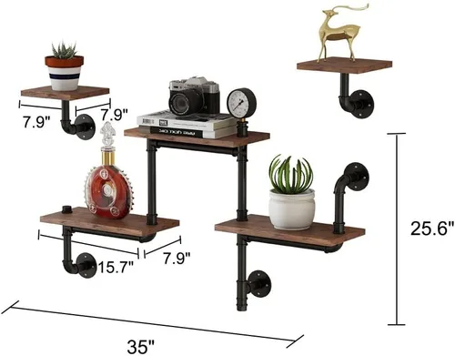 Miniatura 2 de Estantería de tubo industrial, estantes rústicos para decoración de pared, estante de escalera moderno con tablones de madera, estantes flotantes