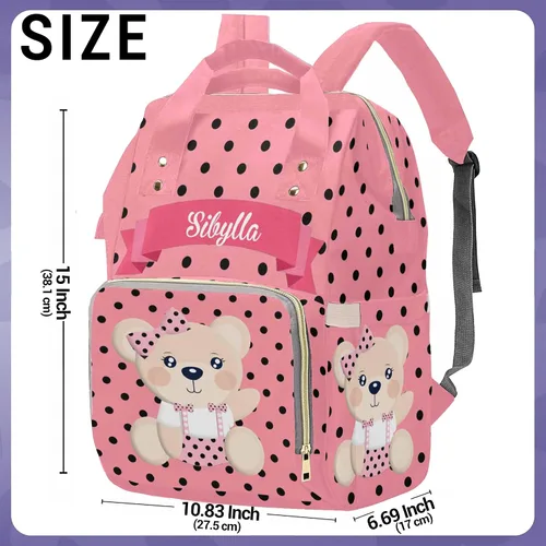 Miniatura 4 de Bolsa de pañales personalizada con nombre, bolsa de lactancia rosa personalizada con puntos negros, mochila impermeable de nailon para mujeres 1024-6