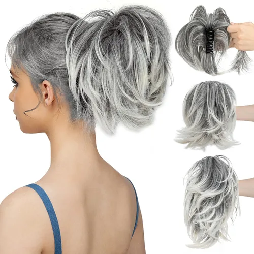 Miniatura 16 de CJL HAIR - Extensiones de cabello con pinza de garra para cola de caballo corta, trenza desordenada, sintéticas, maleables, para mujeres, cabello