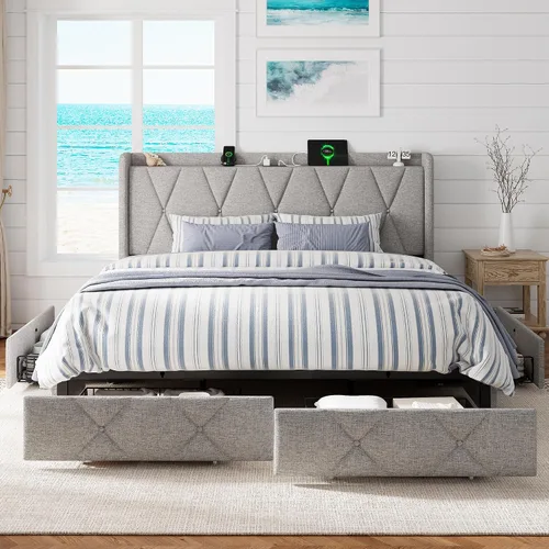 Miniatura 20 de GalnFu Base de cama de tamaño matrimonial con 4 cajones de almacenamiento, plataforma tapizada con estación de carga, moderna cabecera de Beige