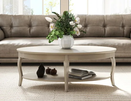 Miniatura 7 de Mesa auxiliar ovalada de 47 pulgadas, mesa auxiliar de 2 niveles con estante de almacenamiento, mesa central de madera maciza para sala de estar