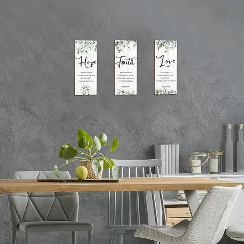 Miniatura 4 de 3 piezas de decoración de pared cristiana decoración de pared verde inspirador escritura escritura placa colgante rústico hojas signo cita