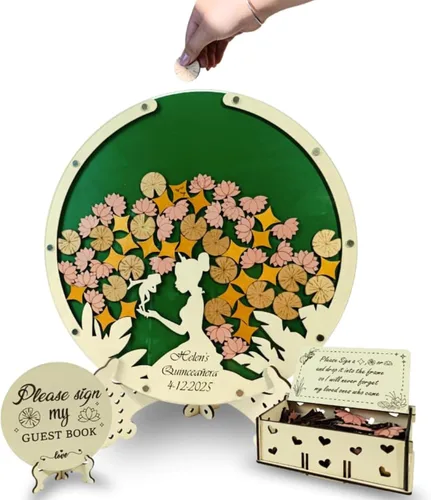 Miniatura 17 de Quinceanera Guest Book Alternative, Personalized Wooden Acrylic Princess Dress Frame with Butterfly Drop Chips, Custom Name Date Sign in Keepsake Set