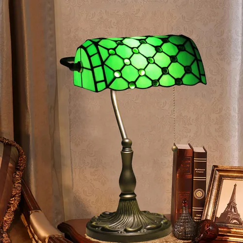 Green Bankers - Lámpara de mesa vintage, luz de escritorio retro, lámpara de escritorio de oficina de vidrieras Tiffany, lámpara de cuentas de
