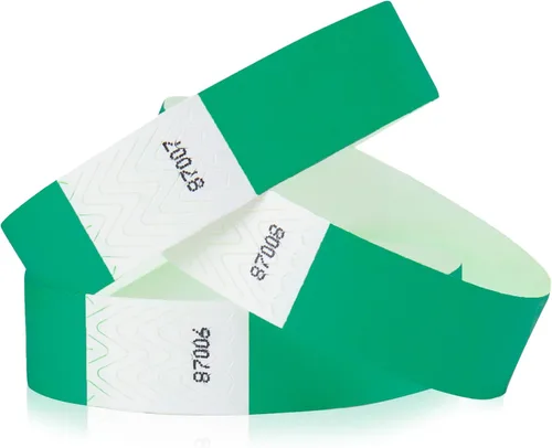 Miniatura 31 de 500 pulseras Tyvek verde neón para eventos, diseño a prueba de manipulaciones y color fluorescente que evitan la reutilización, pulseras de grado