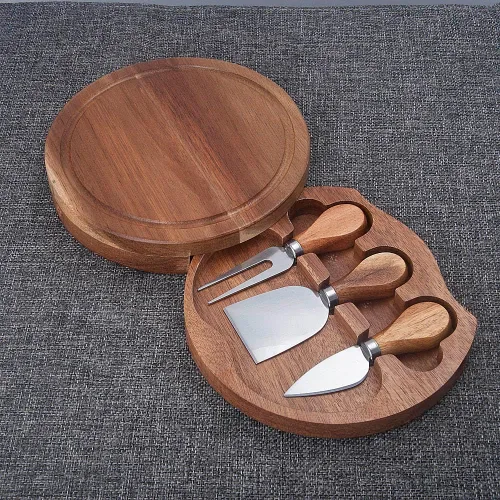 Miniatura 4 de Tabla redonda de madera de acacia para servir queso y juego de 3 herramientas de queso, 7.5 pulgadas de diámetro, ideal para bodas, cumpleaños