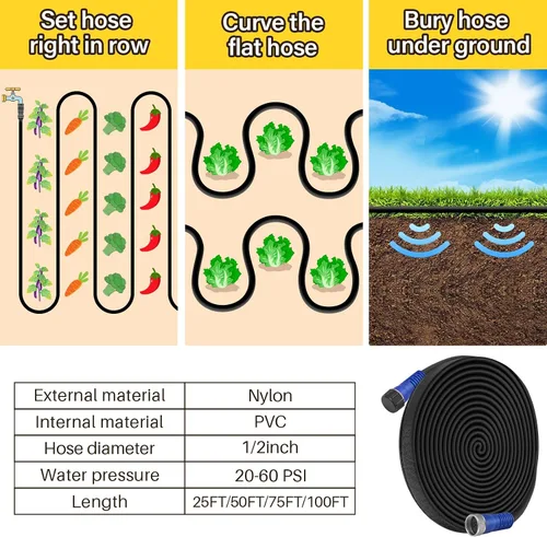 Miniatura 5 de Winisok Manguera plana gruesa de 200 pies, mangueras de riego de doble capa resistentes, ahorra un 80% de agua, flexible a prueba de fugas, tubo