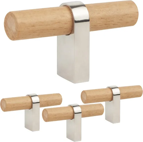 Tiradores y perillas de madera para cajones, paquete de 4 manijas de madera natural y metal para gabinetes de cocina, tiradores de barra en T para