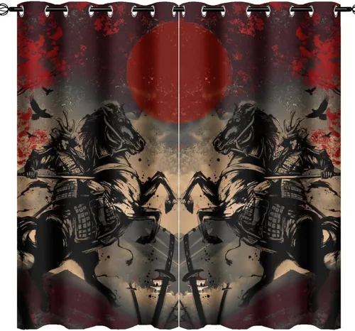 Miniatura 23 de Cortinas opacas abstractas japonesas samuráis para dormitorio, caballo samurái rústico, rojo, ojal, aislamiento térmico, cortinas de oscurecimiento
