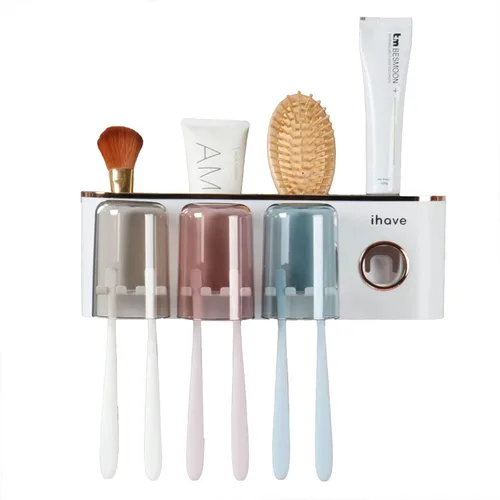 Miniatura 8 de iHave Portacepillos de dientes, accesorios de baño con dispensador de pasta de dientes, 3 tazas, soporte para cepillos de dientes, decoración