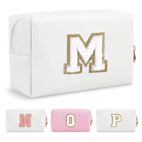 Miniatura 250 de Pequeña bolsa de maquillaje personalizada con inicial A-Z Preppy Patch, bolsa de cosméticos de viaje de felpilla blanca con cremallera, bonita bolsa