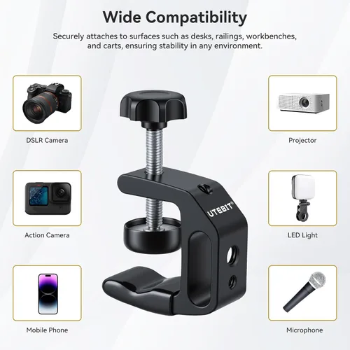 Miniatura 3 de UTEBIT 0.36"-1.2" Universal Aluminum C-Desk Clamp, Black Adjustable Support Clamp with 1/4" and 3/8" Thread for Desktop Mount Holder Flash Desks