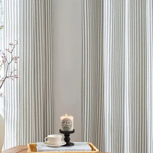Miniatura 6 de jinchan - Cortinas de lino para sala o dormitorio, con estampado a rayas azules sobre beige, patrón de franjas que filtran la luz, accesorio