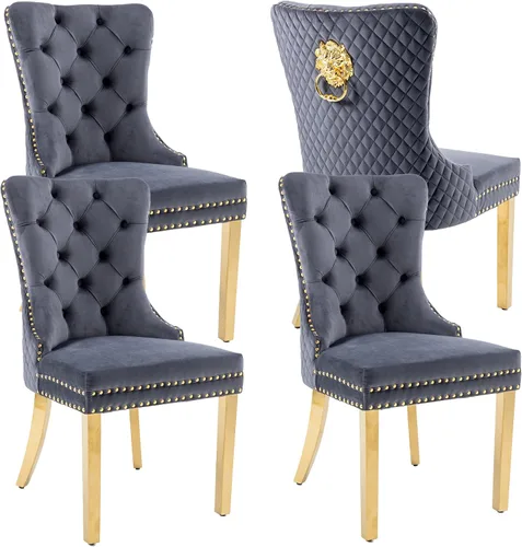 Miniatura 24 de KCC Juego de 2 sillas de comedor tapizadas de terciopelo, modernas sillas capitoné con botones con anillo de cabeza de león y patas de acero Patas