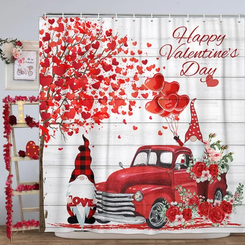 Miniatura 10 de NYMB Cortina de ducha de San Valentín con corazón rosa, romántica con purpurina y lindo gnomo en caída romántica de corazones rojos, cortina