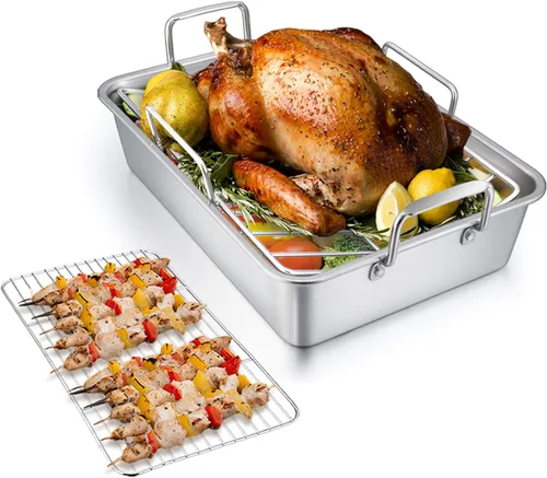 Miniatura 10 de TeamFar Bandeja para Asar, Bandeja Antiadherente Profunda de 14" para Lasaña Brownie Pavo con Rejilla en Forma de V y Rejilla de Enfriamiento