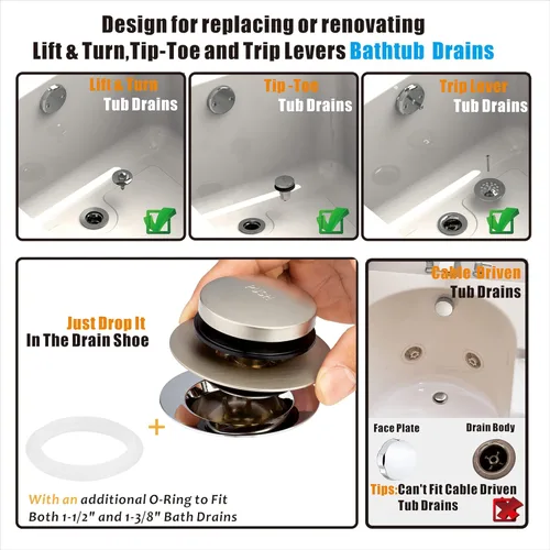 Miniatura 2 de Artiwell Tapón Universal de Drenaje de Baño Tip Toe y Cubierta, Tapón de Drenaje de Bañera, Reemplaza Desagües de Levantar y Girar, Tip-Toe y Níquel