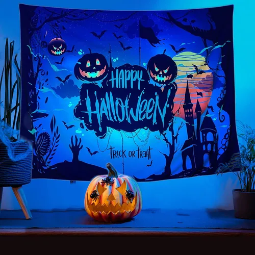 Miniatura 7 de Shoowyees Tapiz de luz negra de Halloween, tapiz nocturno para colgar en la pared, bosque embrujado con tumba y calabazas, manta de pared reactiva a