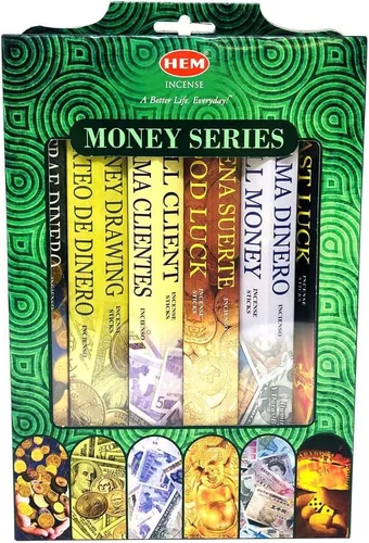 Vrinda® Paquete de regalo de la serie Incense Money – Elegante soporte para incienso – 6 fragancias de la serie Money – Ideal para inauguraciones de
